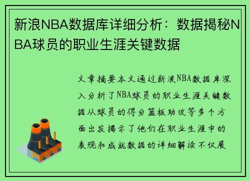 新浪NBA数据库详细分析：数据揭秘NBA球员的职业生涯关键数据